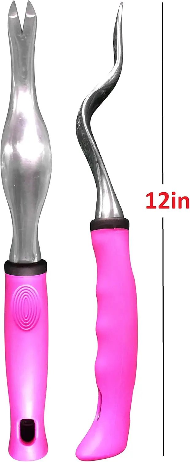 Garden Guru hand weeder tool with ergonomic pink handle, 12in dual-head design; 2 tools shown on Tampa Home & Garden Store