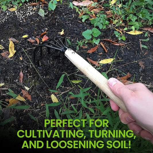 Garden Guru garden claw cultivator rake with wooden handle and black tines held over soil on Tampa Home & Garden Store