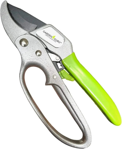 Ergonomic ratchet pruning shears with silver body and bright green handle by Garden Guru on Tampa Home & Garden Store