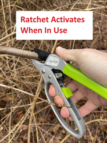 Garden Guru ergonomic ratchet pruning shears with lime green handles in use on a branch on Tampa Home & Garden Store