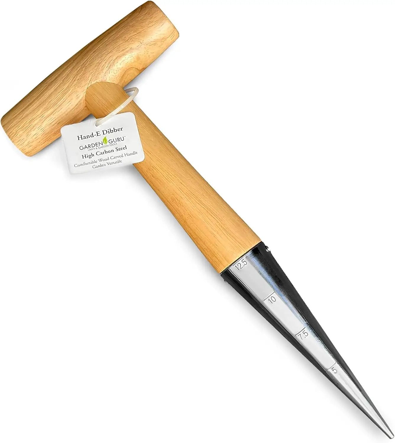 Steel dibber planting tool by Garden Guru with wooden handle, high carbon steel tip on Tampa Home & Garden Store