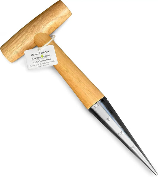 Steel dibber planting tool by Garden Guru with wooden handle, high carbon steel tip on Tampa Home & Garden Store