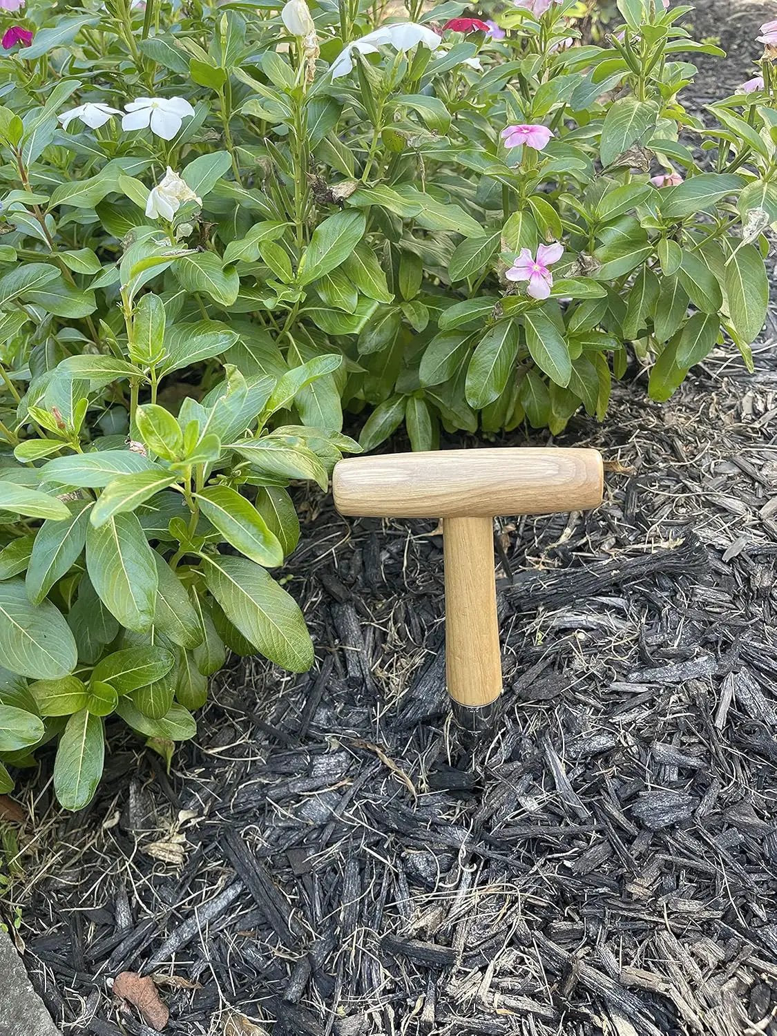 Steel dibber planting tool by Garden Guru with wooden handle beside a shrub in mulch on Tampa Home & Garden Store