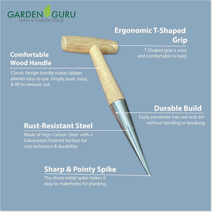 Garden Guru steel dibber with wooden handle, bulb planting tool on Tampa Home & Garden Store