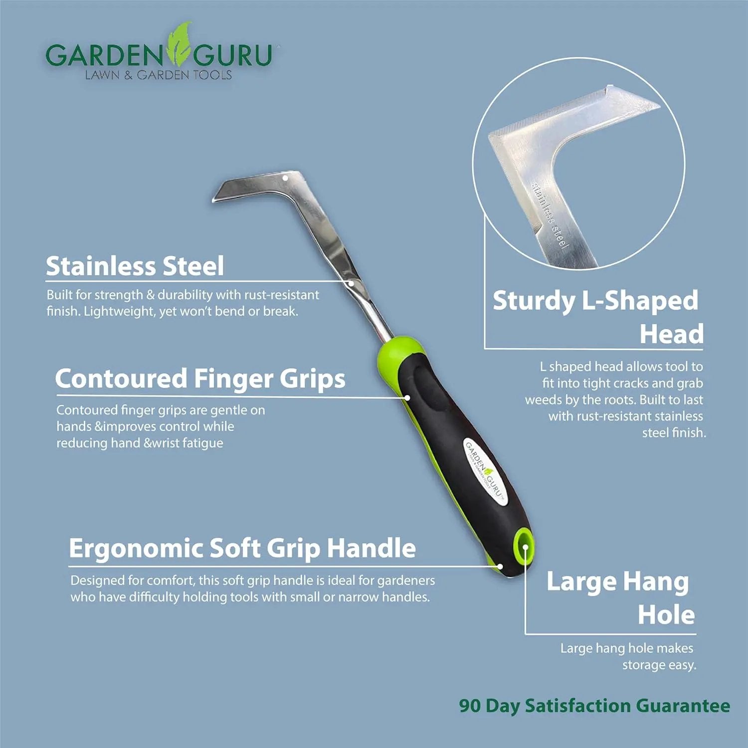 Garden Patio Crack Weeder Garden Guru stainless steel with lime-green soft-grip handle and Lhead on Tampa Home & Garden Store