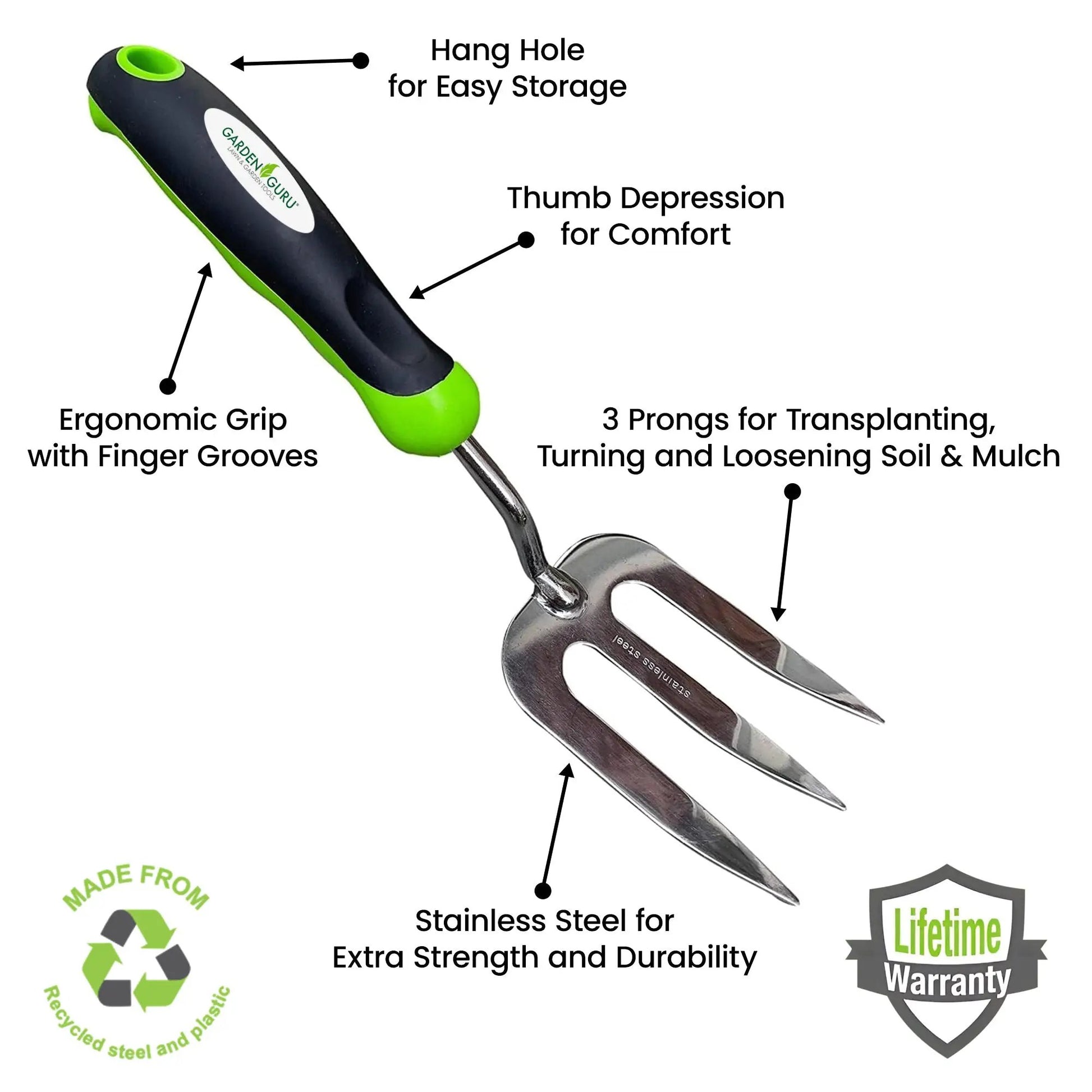Garden Guru Weeding Fork Dandelion Weeder stainless steel with ergonomic black handle on Tampa Home & Garden Store