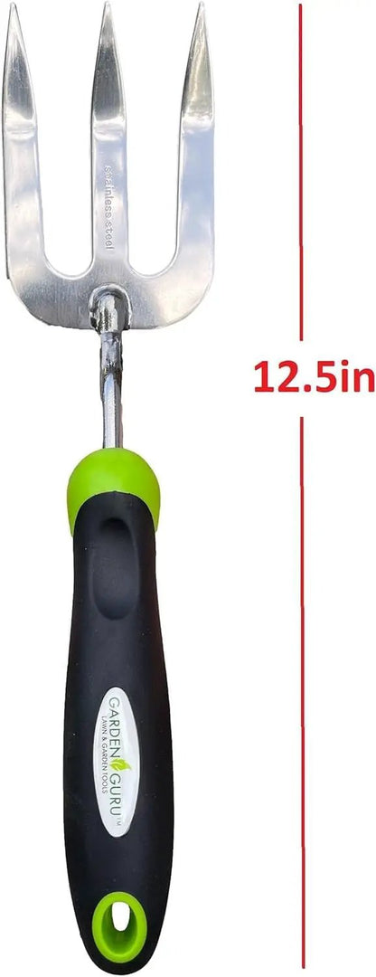 Hand fork weeder Garden Guru stainless steel with black handle and green grip 12.5in on Tampa Home & Garden Store