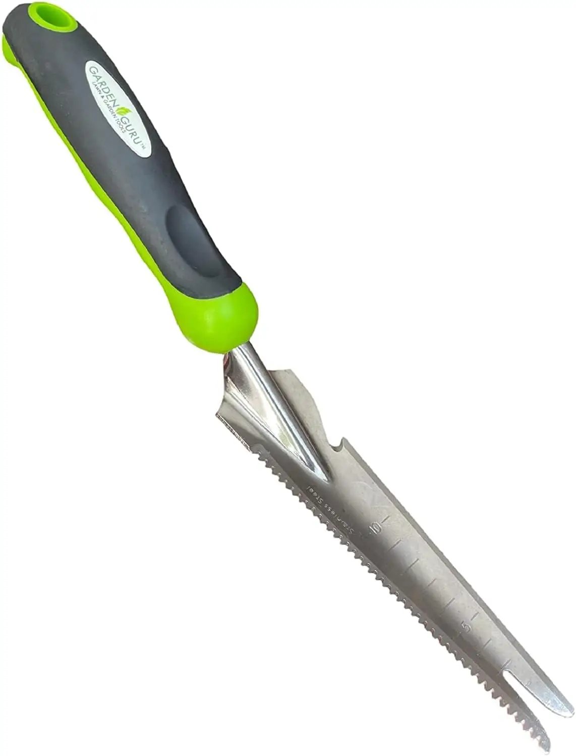 Garden Guru stainless steel 5-in-1 garden weeder trowel with green and gray handle on Tampa Home & Garden Store