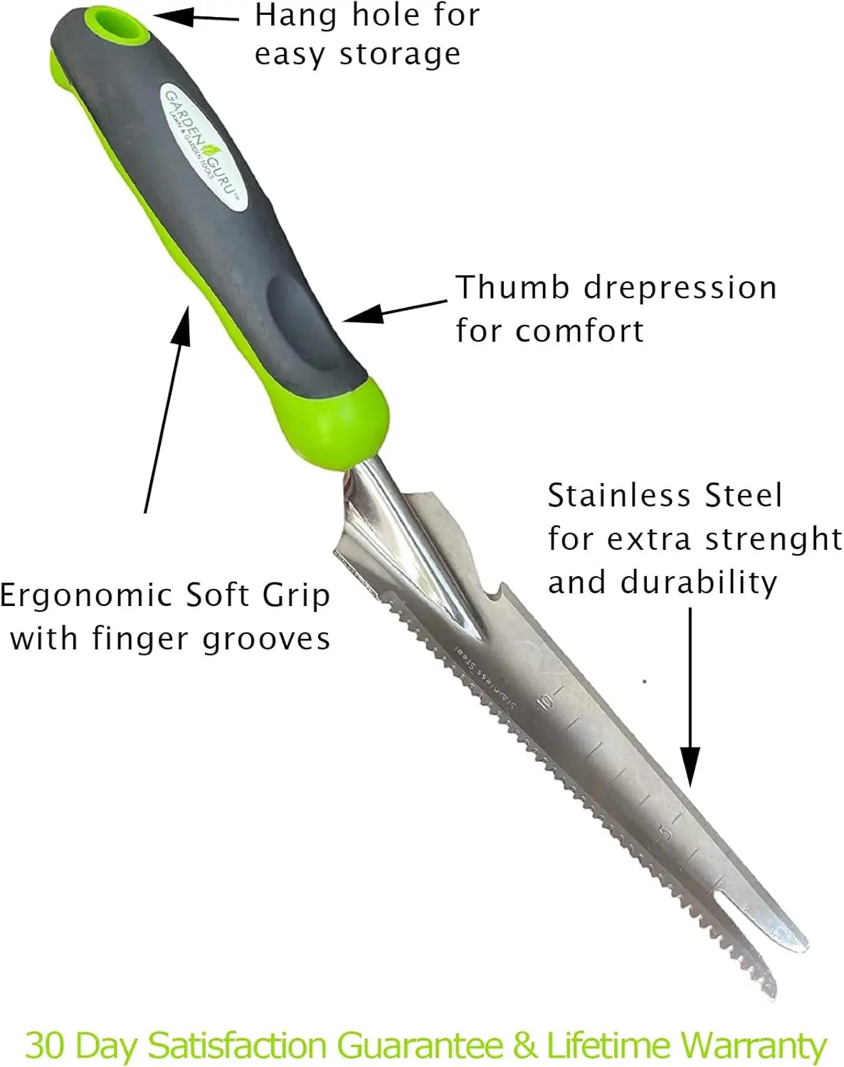 Garden Guru stainless steel 5 in 1 garden weeder trowel with ergonomic soft grip on Tampa Home & Garden Store