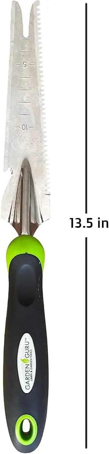 Garden Guru stainless steel 5-in-1 weeder trowel with blade markings and black-lime handle on Tampa Home & Garden Store