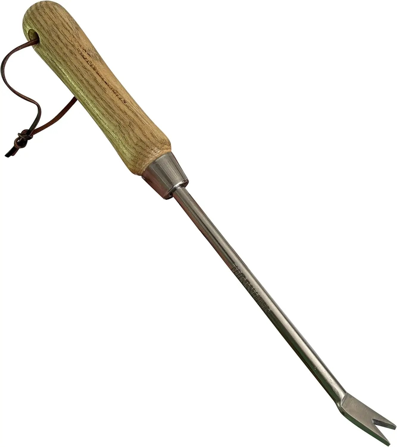 Stainless Steel Garden Dandelion Weeder with wood-grain handle and leather lanyard on Tampa Home & Garden Store