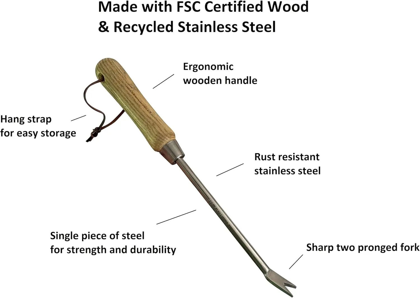 Stainless Steel Garden Dandelion Weeder with ergonomic wooden handle and sharp two-pronged fork on Tampa Home & Garden Store