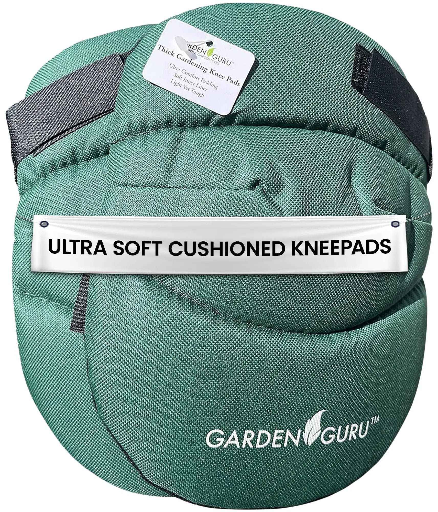 Extra Cushioned Gardening Kneepads With Straps, green fabric, Garden Guru branding on Tampa Home & Garden Store
