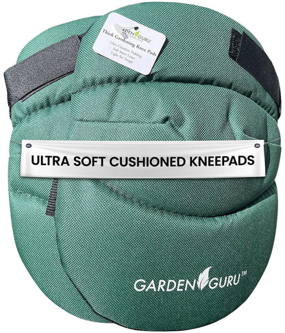 Extra Cushioned Gardening Kneepads With Straps, green fabric, Garden Guru branding on Tampa Home & Garden Store
