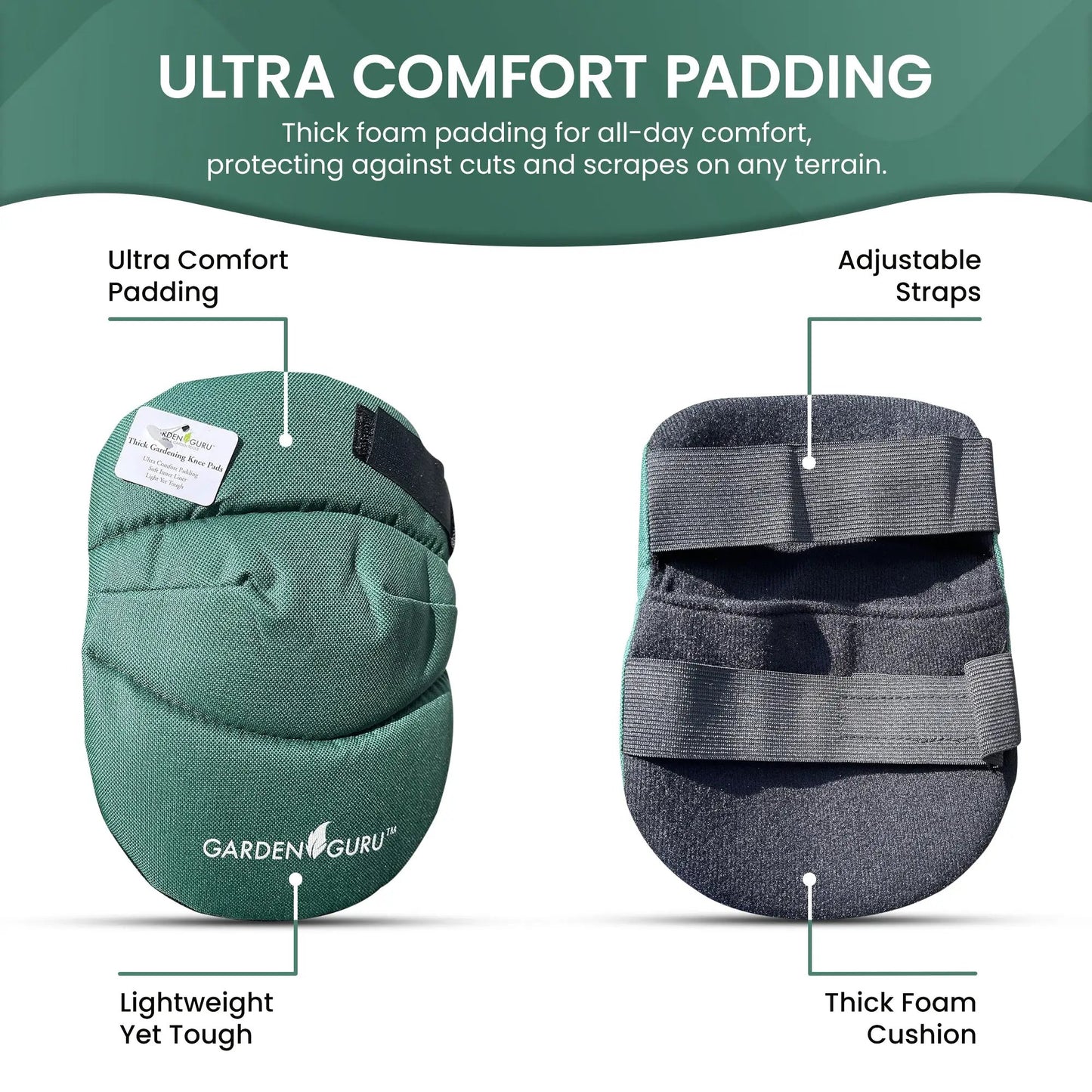 Cushioned Gardening Kneepads With Straps, Garden Guru pair green and gray foam cushions on Tampa Home & Garden Store