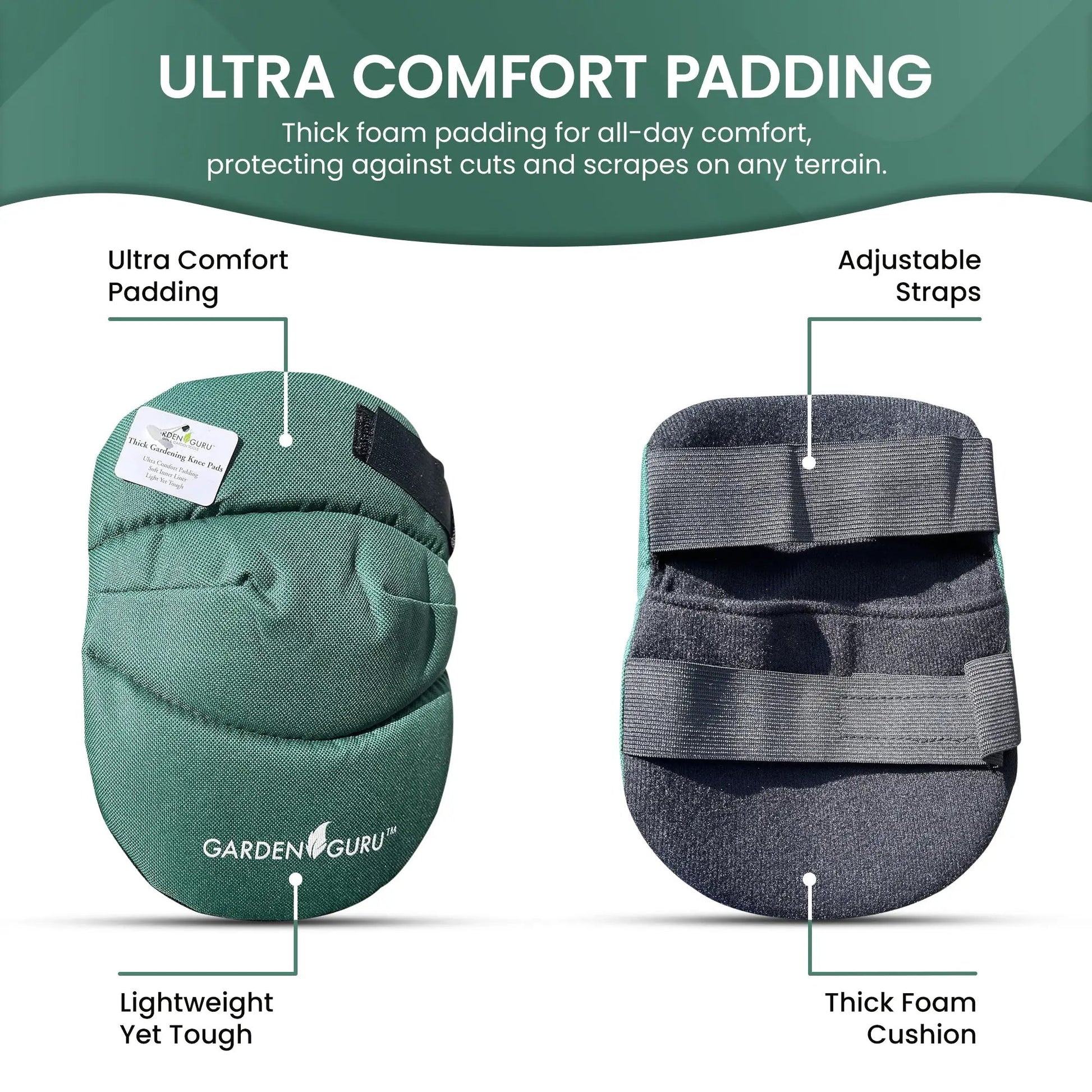 Cushioned Gardening Kneepads With Straps, Garden Guru pair green and gray foam cushions on Tampa Home & Garden Store