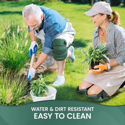 Extra Cushioned Gardening Kneepads With Straps by Garden Guru, green knee pads worn kneeling in a garden on Tampa Home & Garden Store