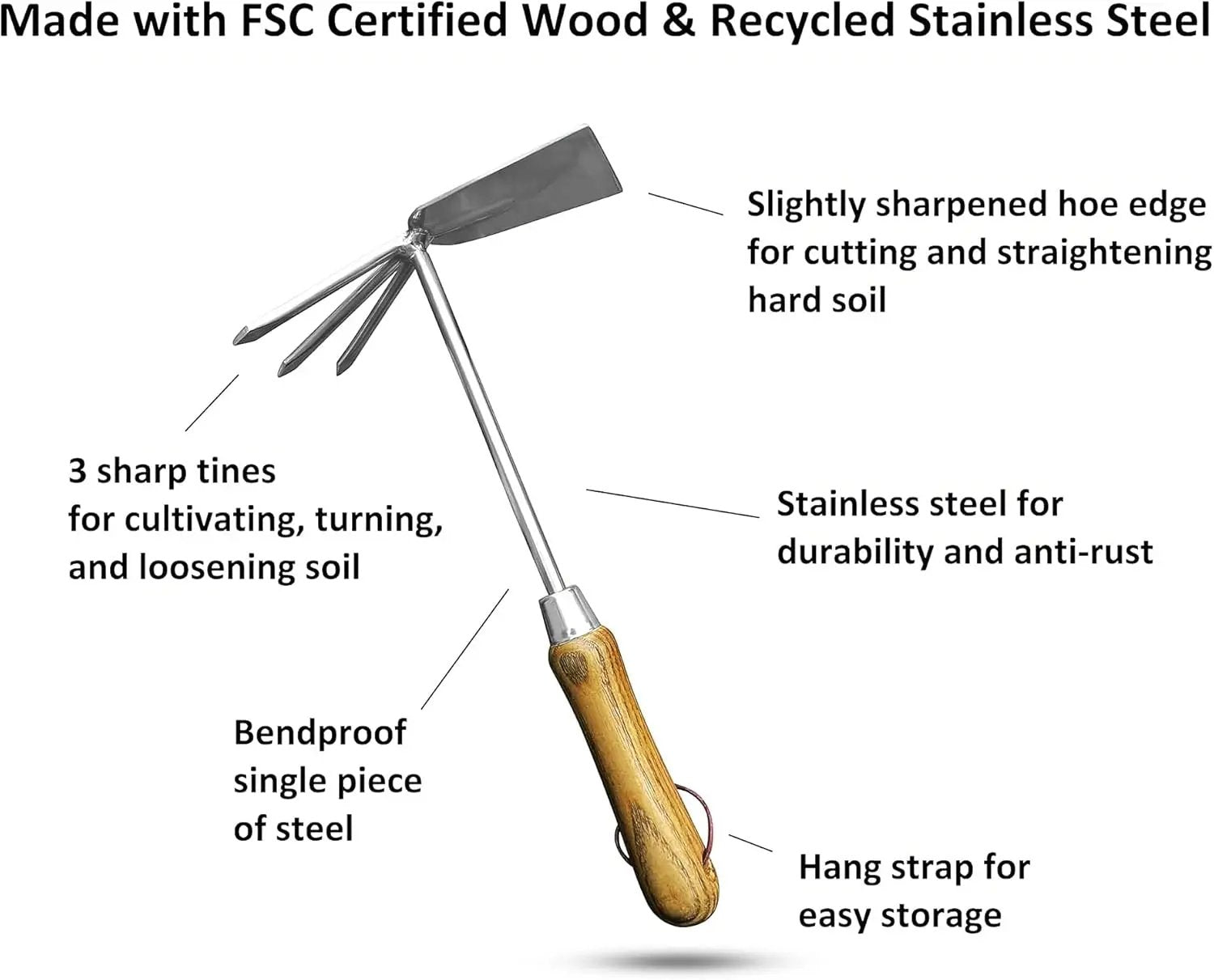 Garden Guru stainless steel cultivator hoe with wood handle and 3 sharp tines on Tampa Home & Garden Store