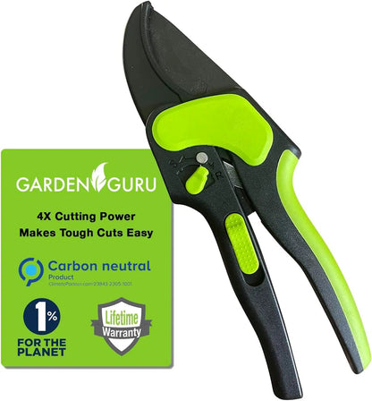 2 in 1 ratchet pruning shears and clippers Garden Guru lime green and black handles on Tampa Home & Garden Store