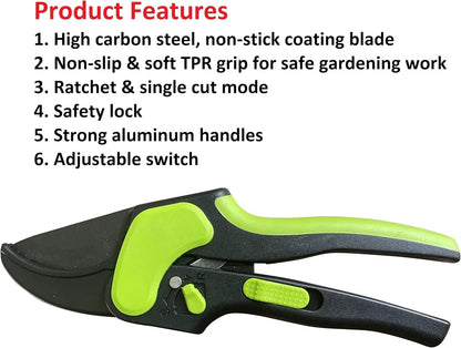 Garden Guru 2 in 1 ratchet pruning shears with lime green and black handles safety lock on Tampa Home & Garden Store