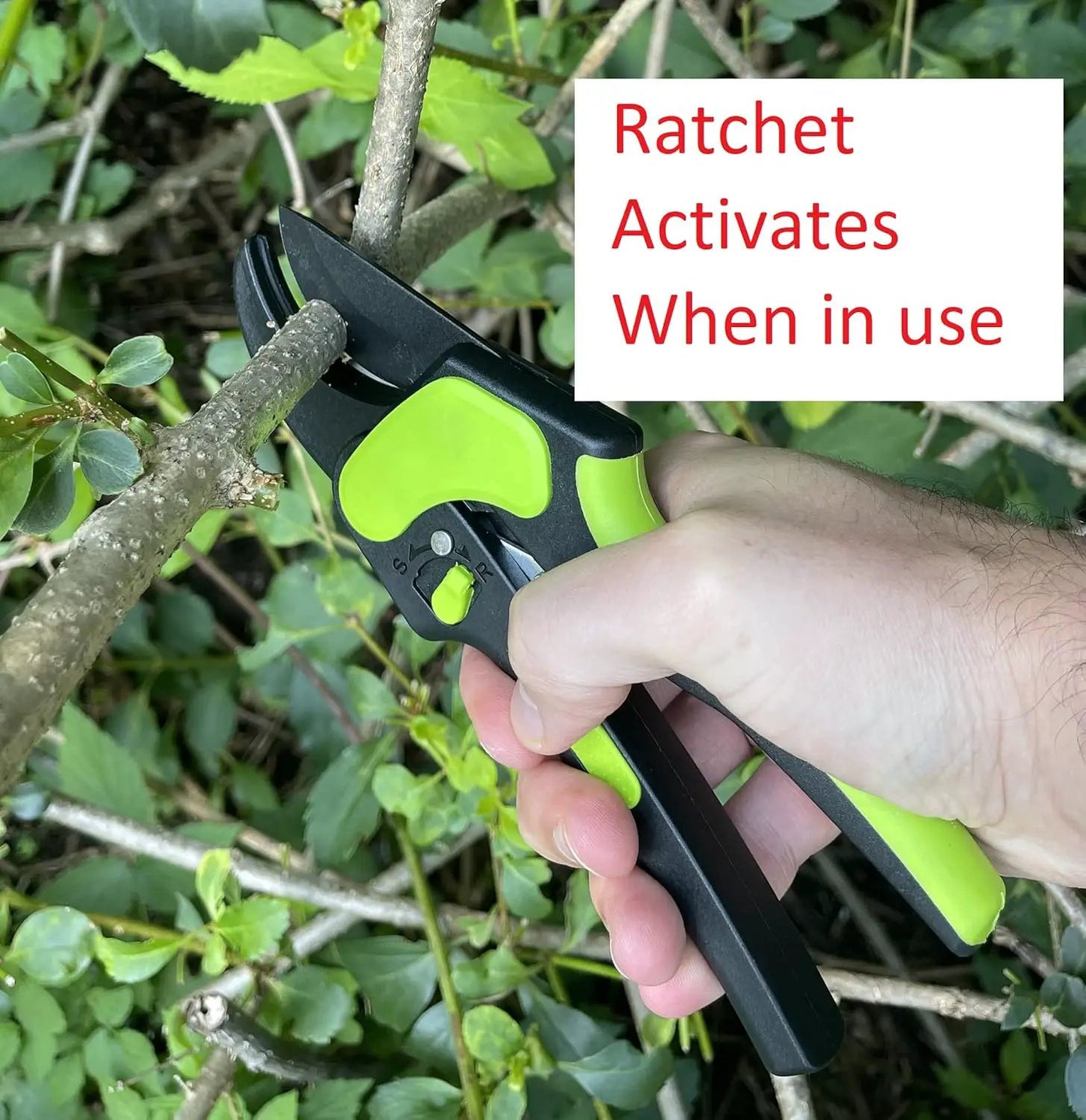 2-in-1 Ratchet Pruning Garden Shears & Clippers by Garden Guru, black neon-green handle on Tampa Home & Garden Store