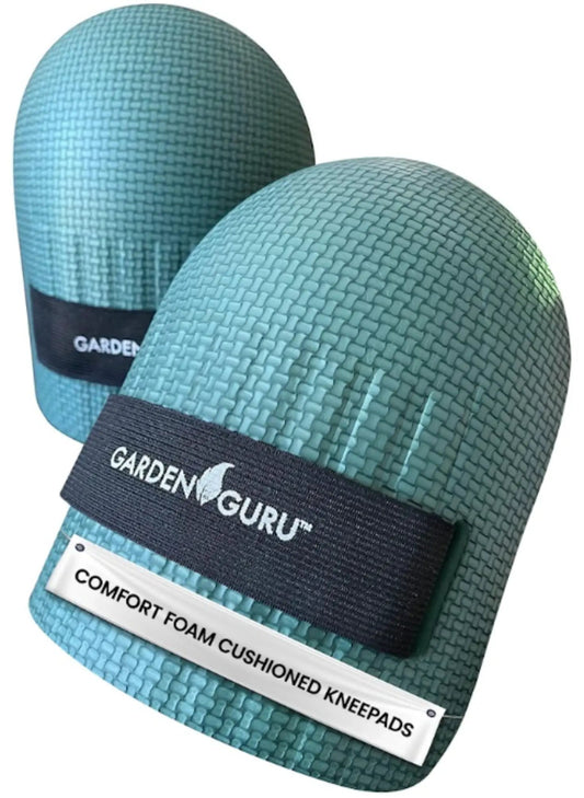 Ergonomic gardening kneepads pair teal woven-textured with black Garden Guru strap on Tampa Home & Garden Store