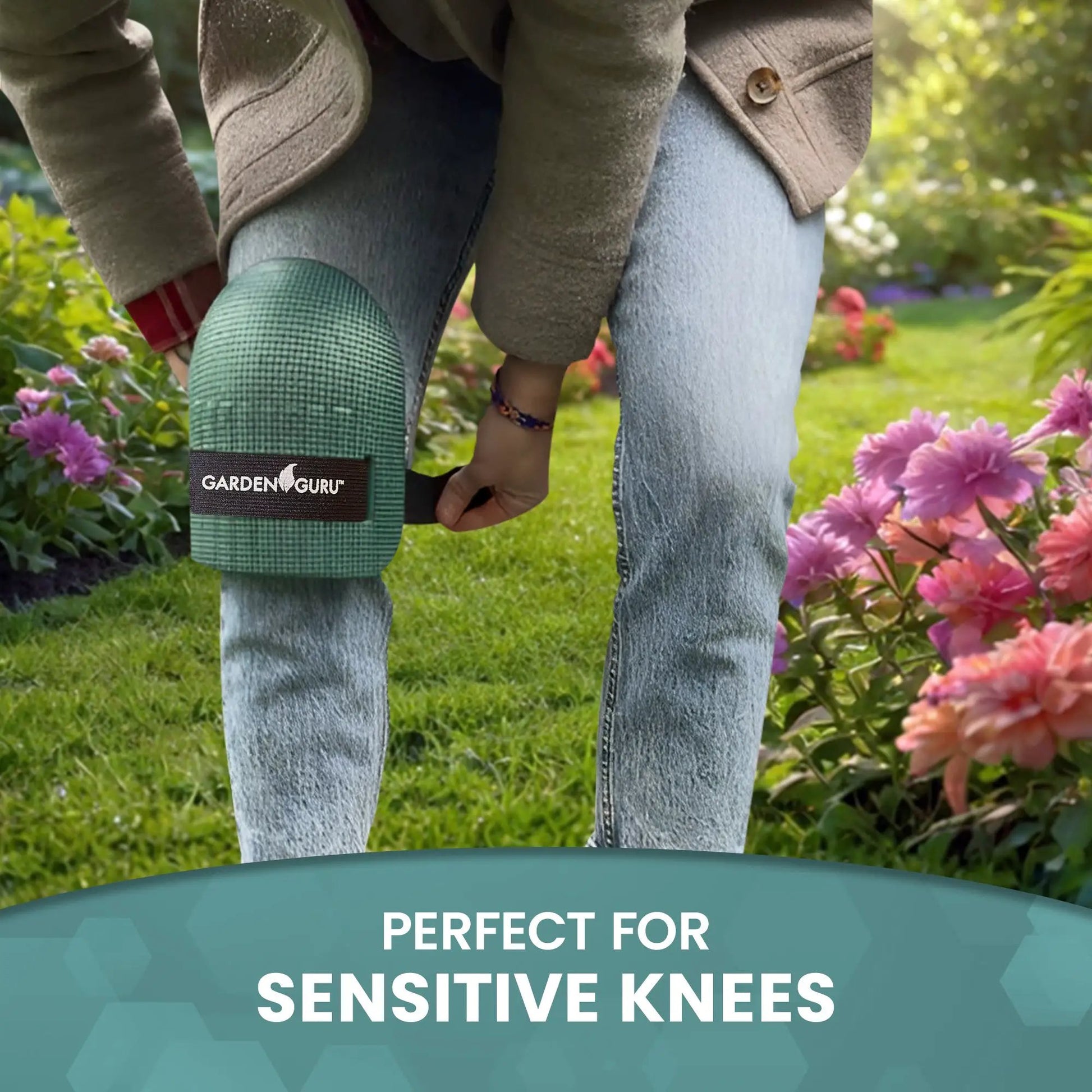 Ergonomic gardening kneepads Garden Guru in green fabric with logo strap on leg outdoors on Tampa Home & Garden Store