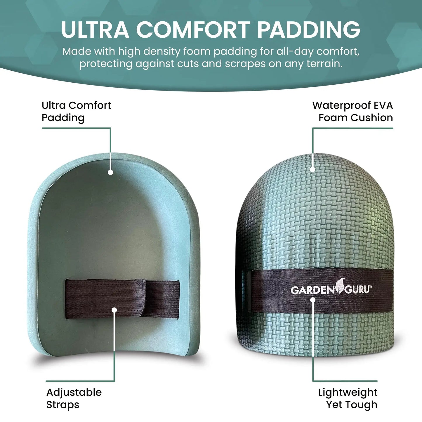Ergonomic garden kneelers: teal smooth kneepad and textured gray Garden Guru kneeler with straps on Tampa Home & Garden Store