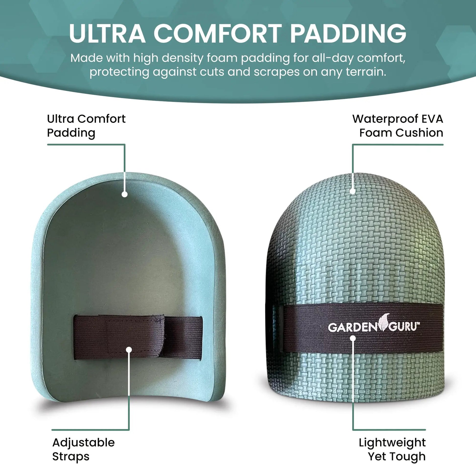 Ergonomic garden kneelers: teal smooth kneepad and textured gray Garden Guru kneeler with straps on Tampa Home & Garden Store