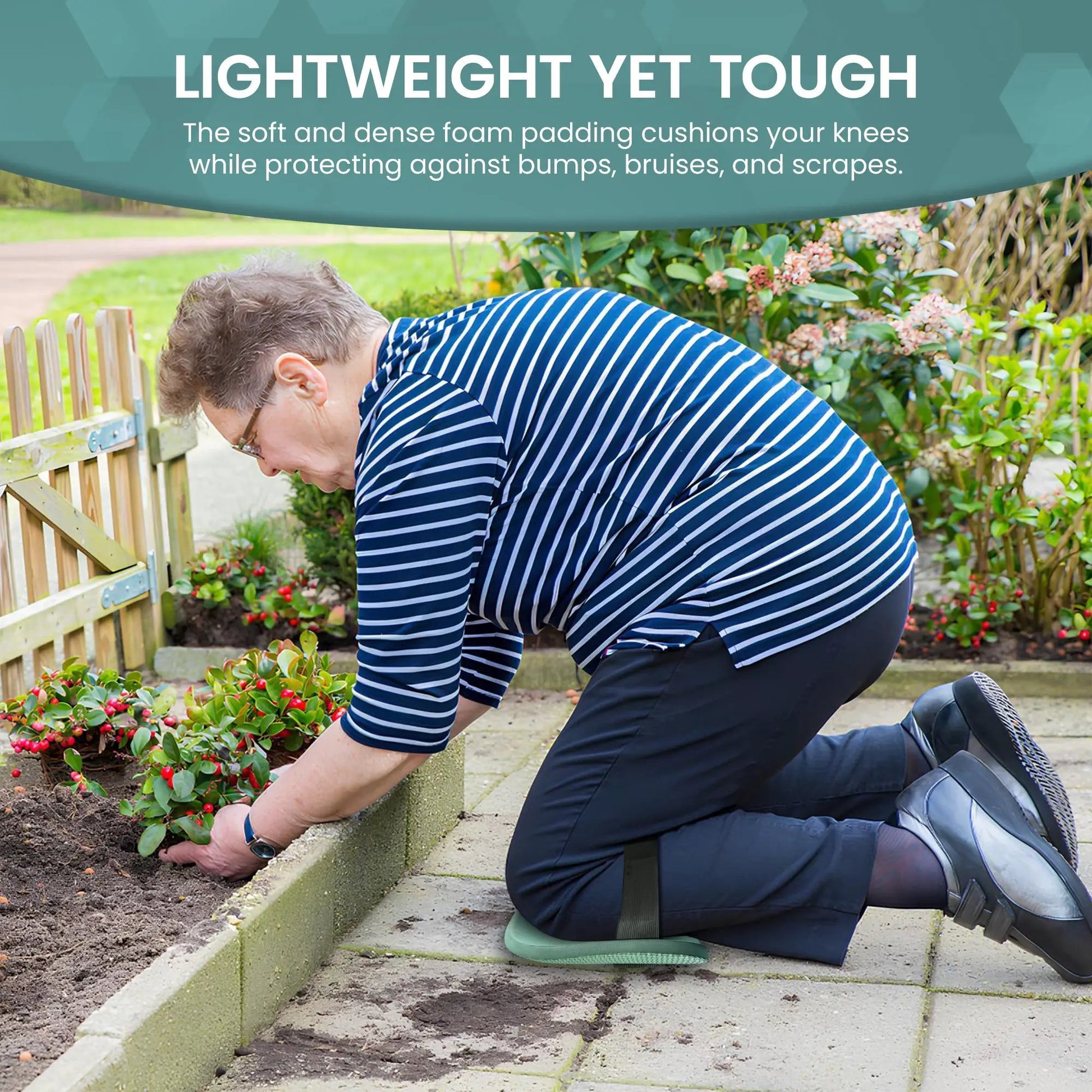 Ergonomic Gardening Kneepads worn during planting in a flower bed on Tampa Home & Garden Store