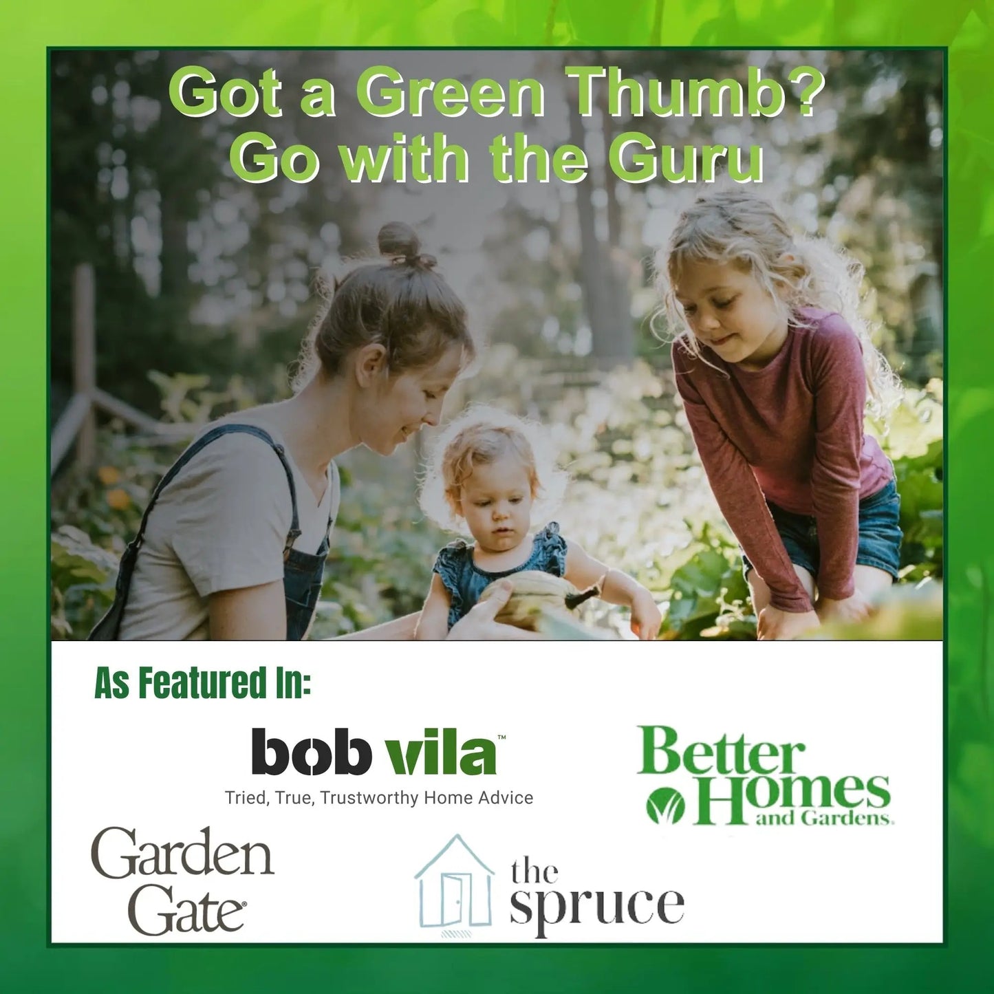 Garden kneeler banner with a green-framed family garden scene and Garden Guru branding on Tampa Home & Garden Store