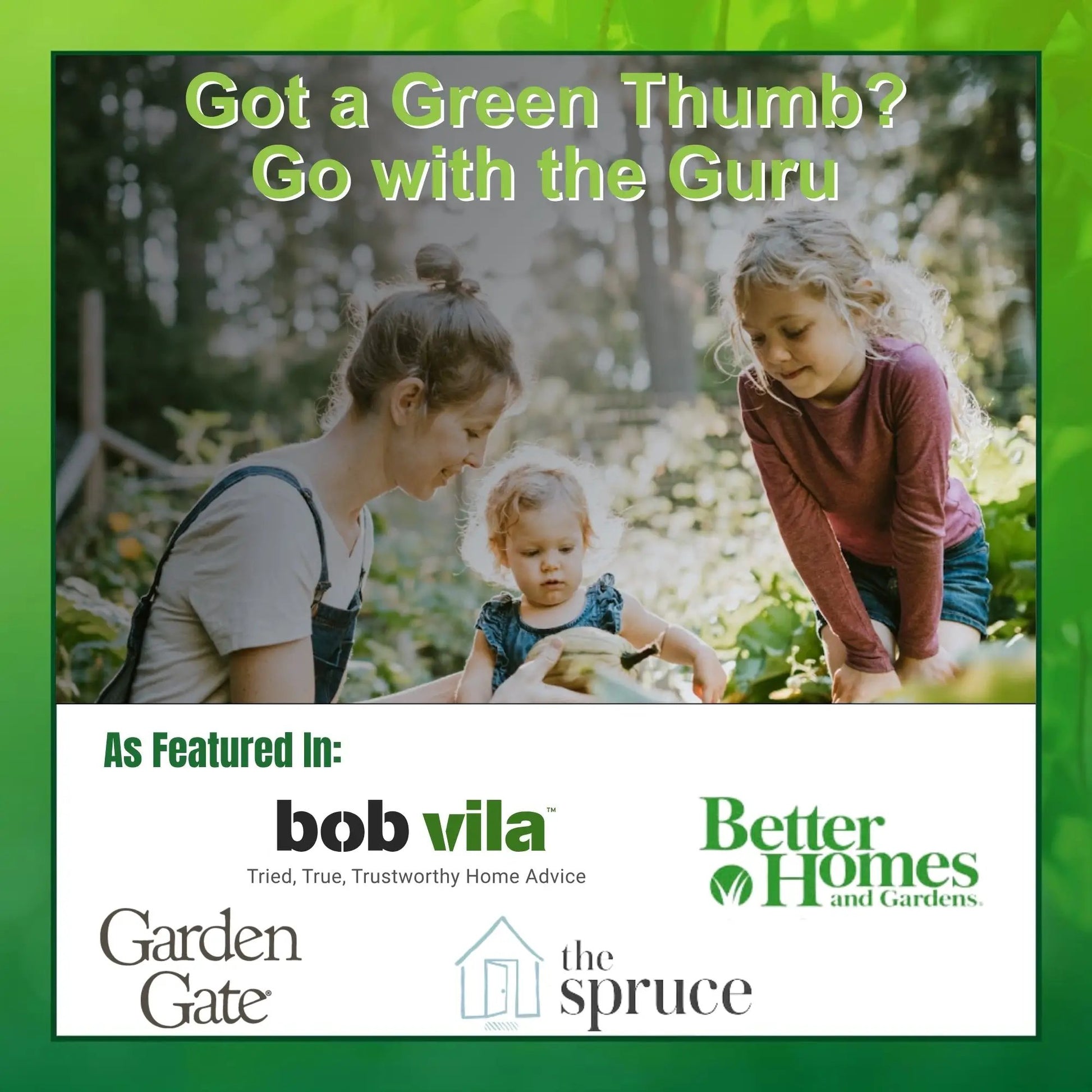 Garden kneeler banner with a green-framed family garden scene and Garden Guru branding on Tampa Home & Garden Store