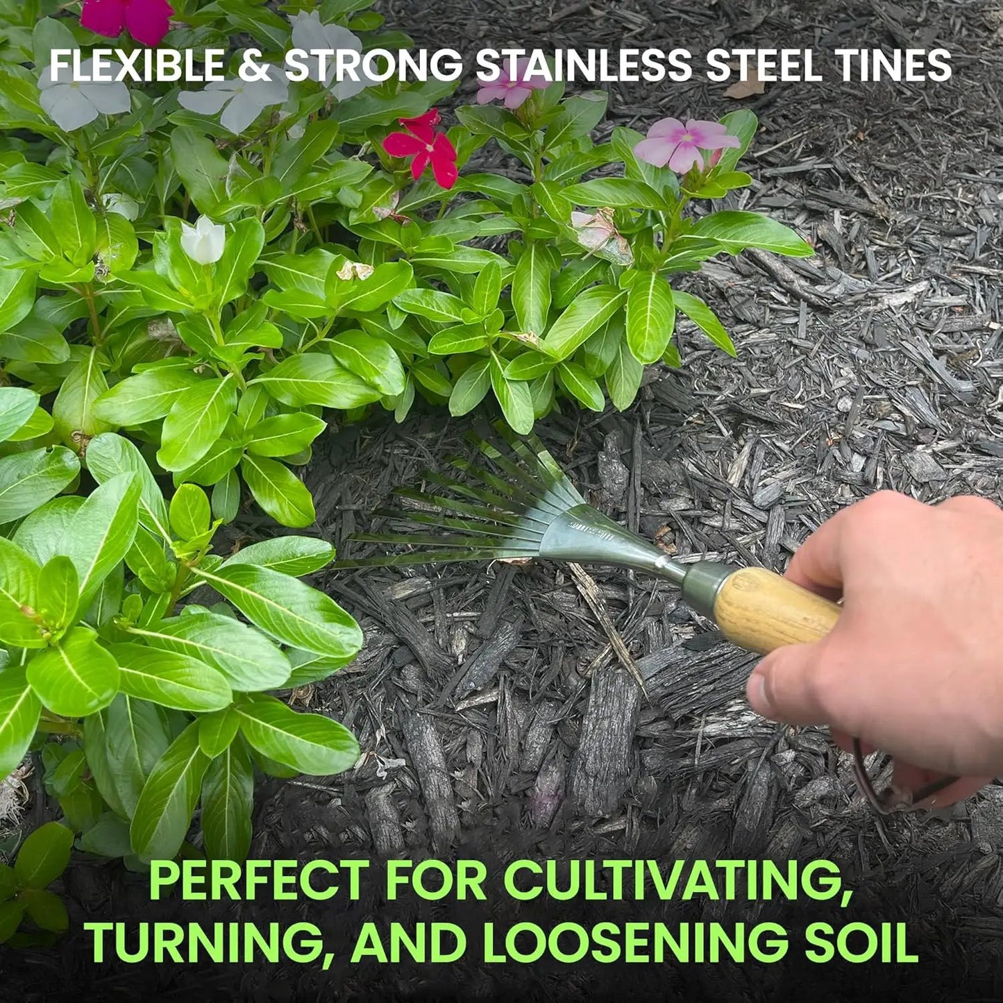 Garden Guru Eco Hand Rake with stainless steel tines and wood handle for cultivating soil on Tampa Home & Garden Store
