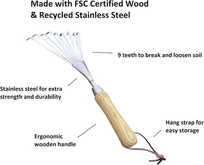 Stainless steel garden hand rake with wooden handle, Garden Guru Eco Hand Rake on Tampa Home & Garden Store