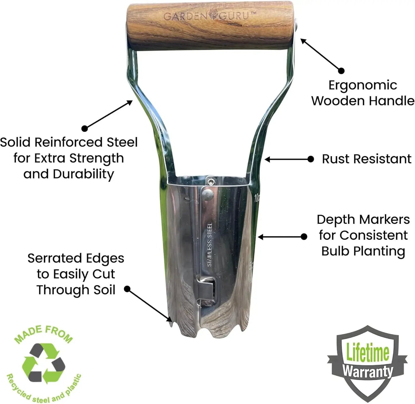 Stainless Steel Garden Bulb Planter by Garden Guru, ergonomic wooden handle, rust resistant on Tampa Home & Garden Store