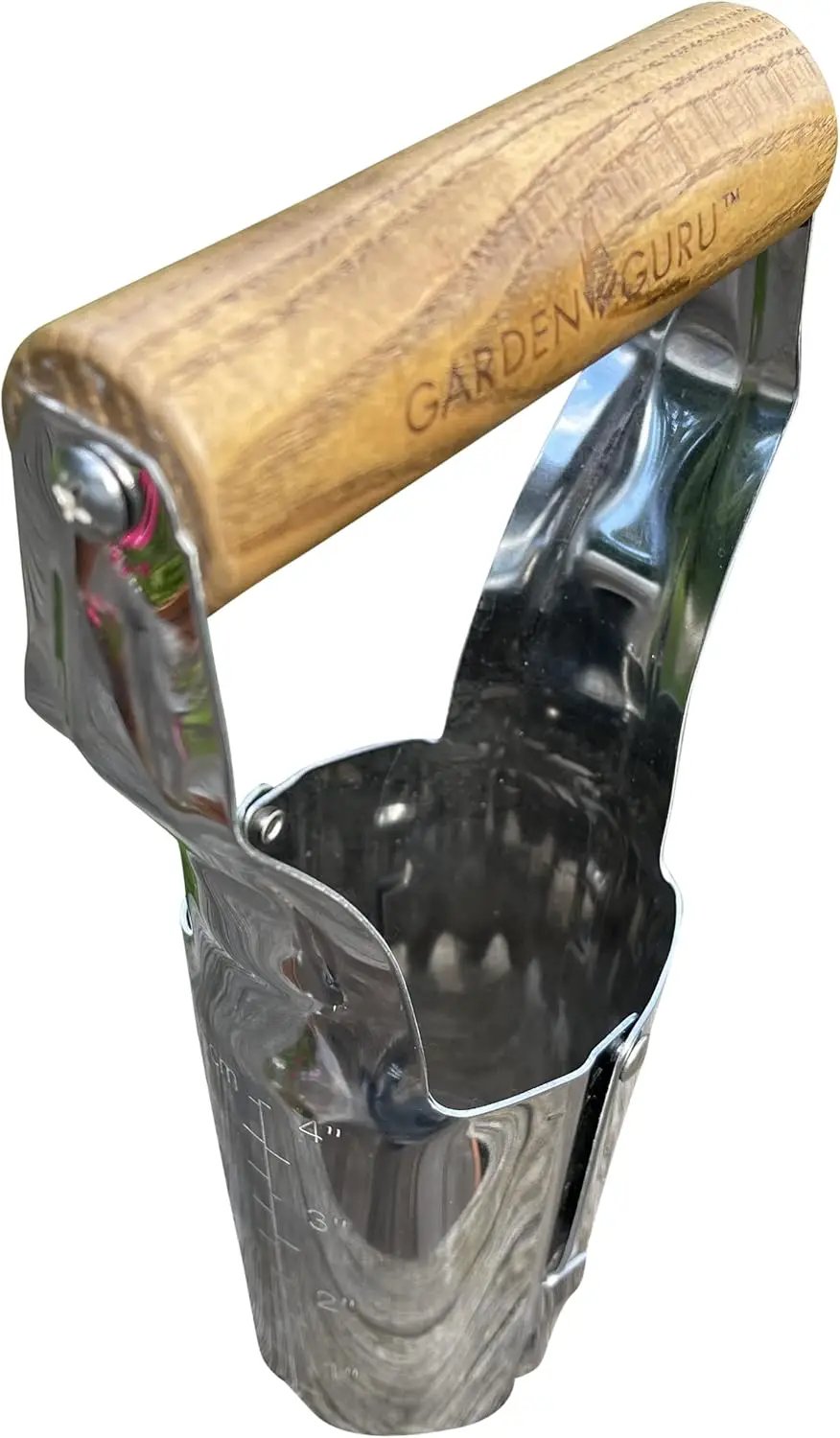 Stainless steel bulb planter with wooden handle; Garden Guru branding and measurement marks on Tampa Home & Garden Store