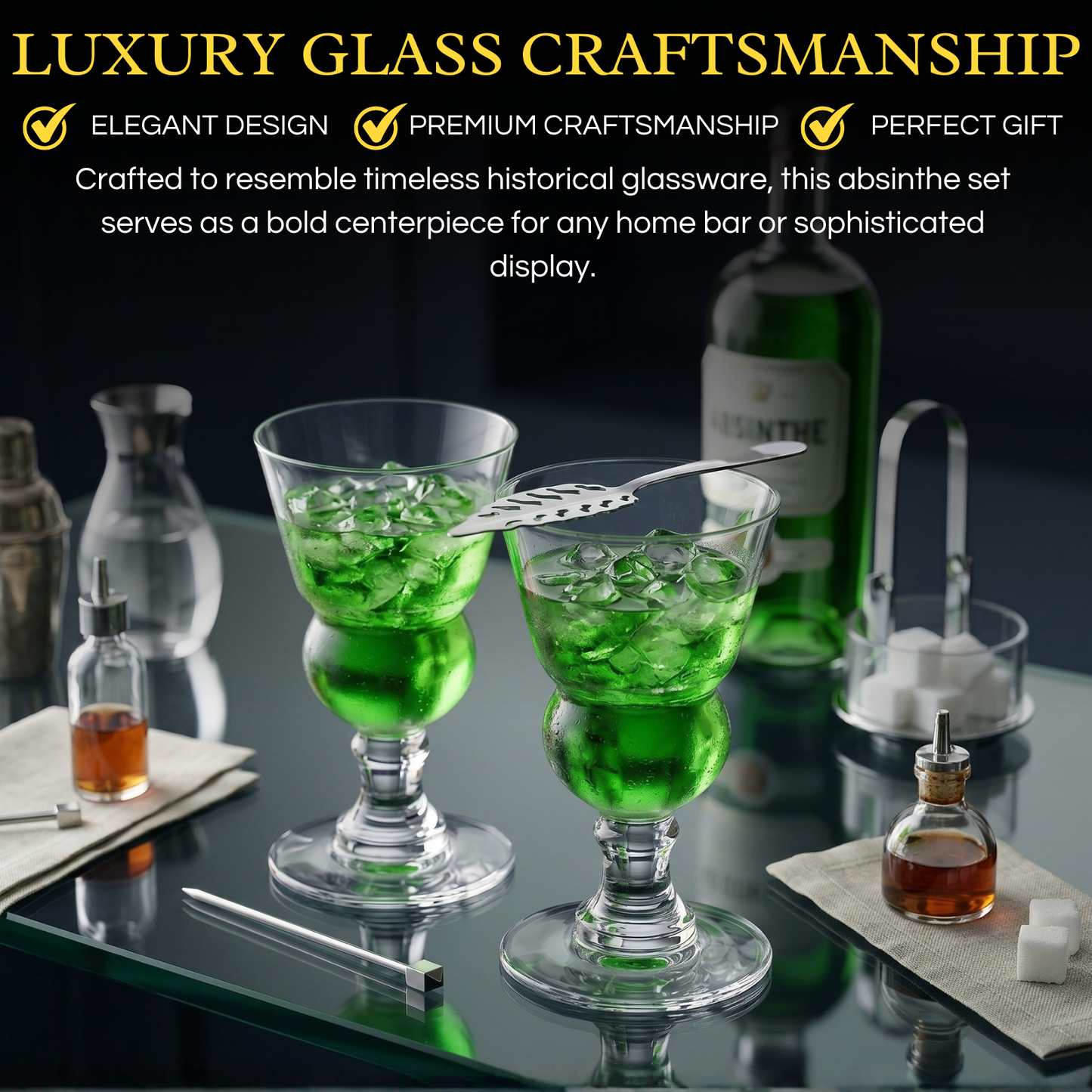 Specialty Absinthe Glasses with Spoon and Tray