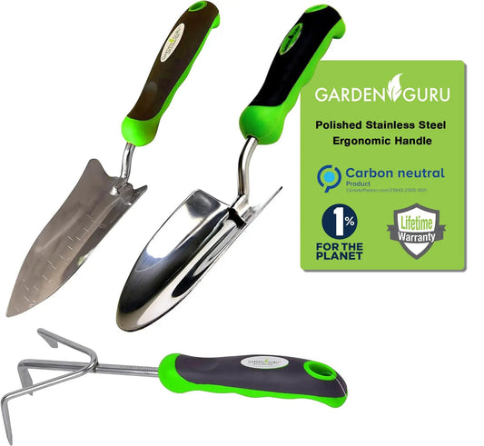 Stainless steel 3-piece gardening tool set with green and black ergonomic handles Garden Guru on Tampa Home & Garden Store