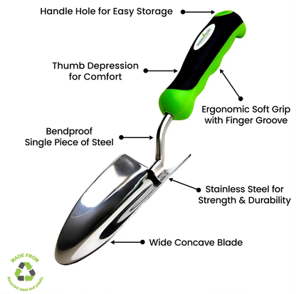 Stainless steel trowel from Garden Guru with ergonomic green/black handle and wide concave blade on Tampa Home & Garden Store