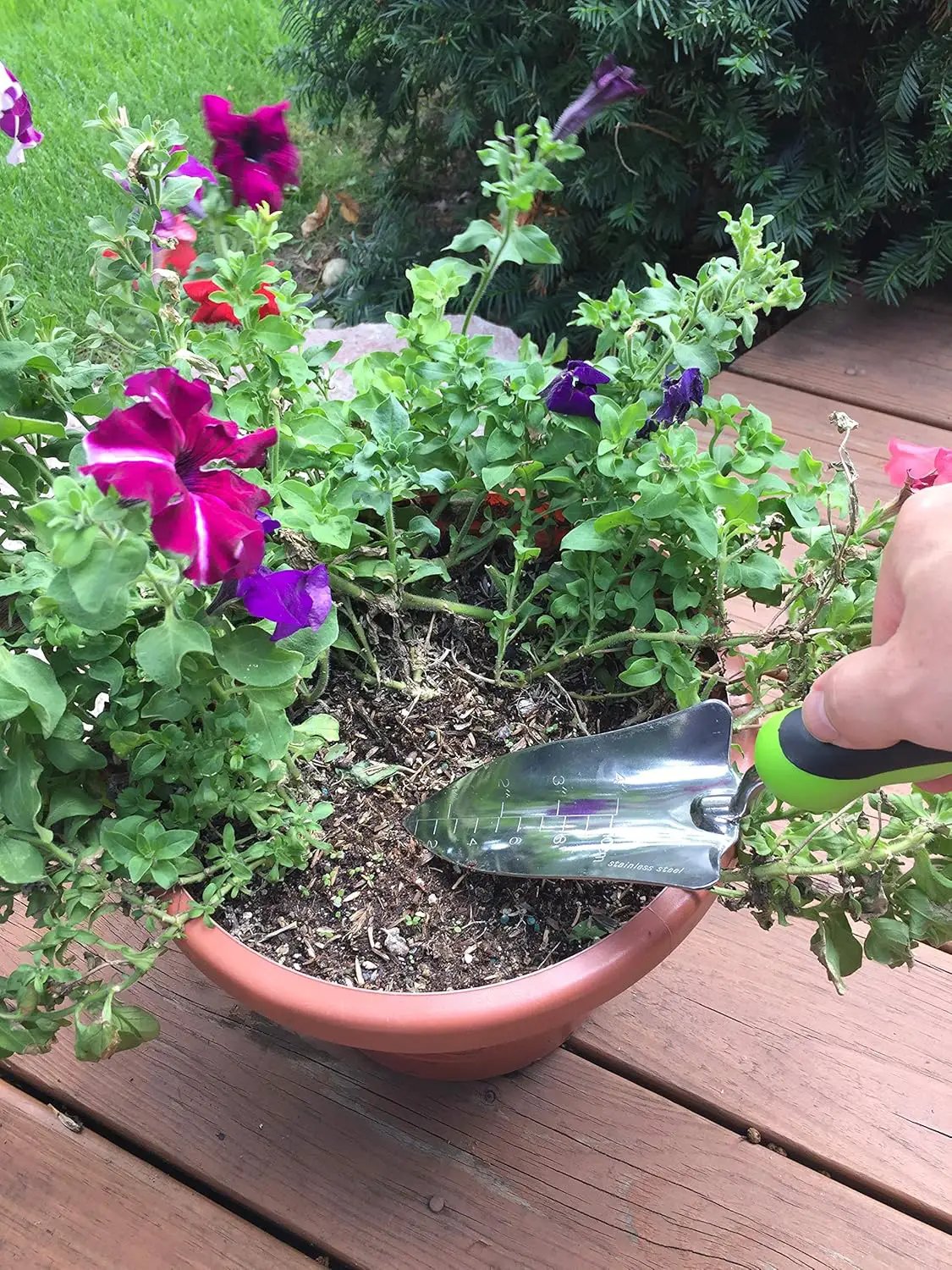 Stainless steel garden trowel with green handle in a pot of purple petunias on Tampa Home & Garden Store