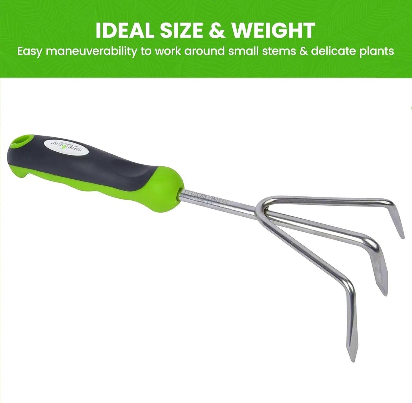 Garden Guru stainless steel cultivator with green/black ergonomic handle on Tampa Home & Garden Store