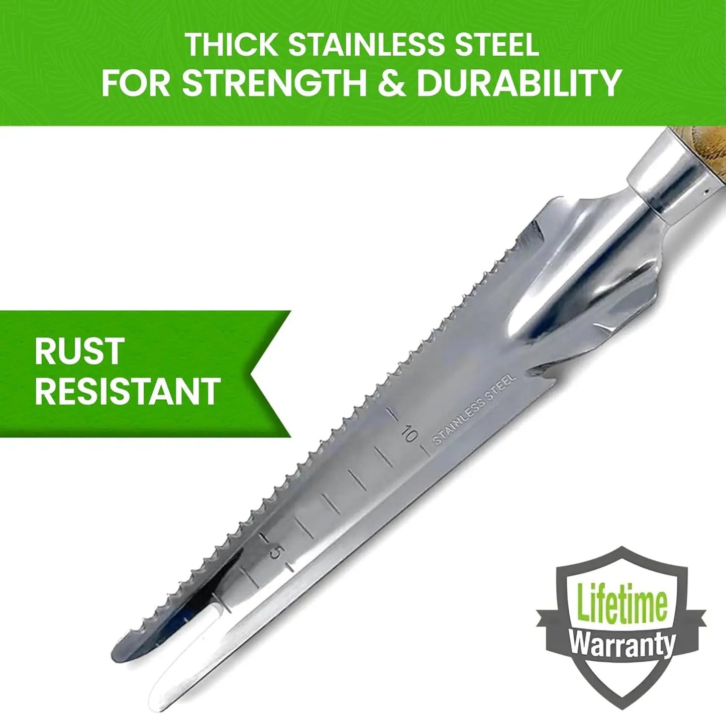 Stainless Steel 5-in-1 Weeder Trowel by Garden Guru, serrated edge gardening trowel on Tampa Home & Garden Store