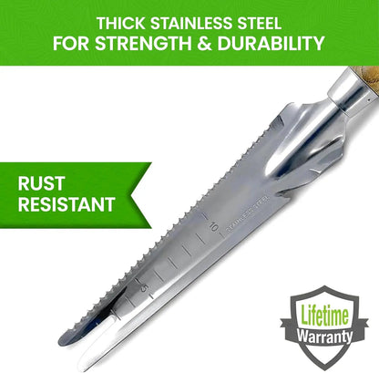 Stainless Steel 5-in-1 Weeder Trowel by Garden Guru, serrated edge gardening trowel on Tampa Home & Garden Store