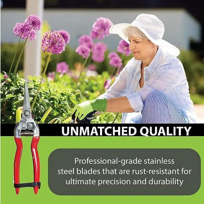 Garden pruning snips and straight-blade pruners by Garden Guru with red handles in garden scene on Tampa Home & Garden Store