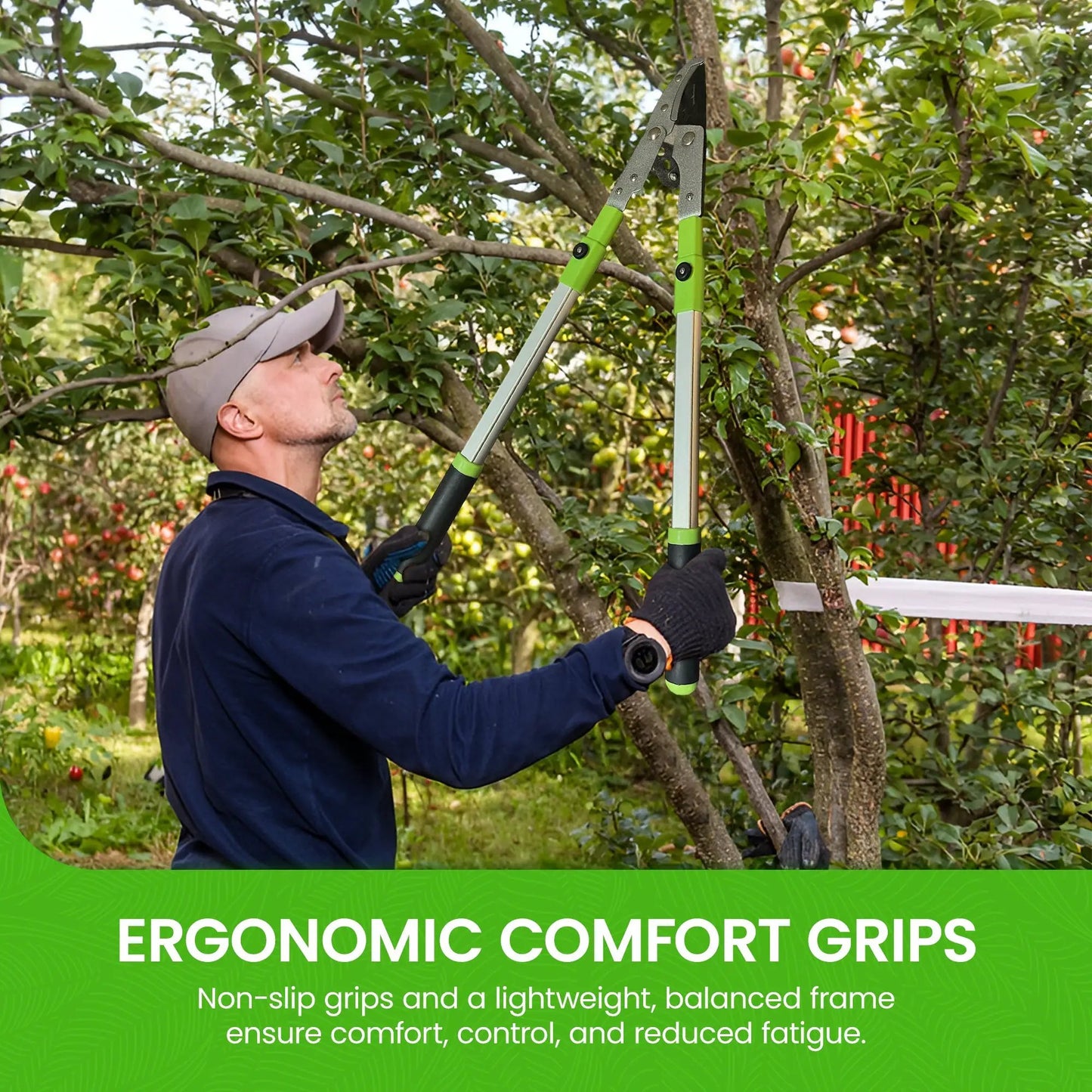 Garden Guru Extendable Anvil Loppers in use for tree trimming with green handles and blades on Tampa Home & Garden Store