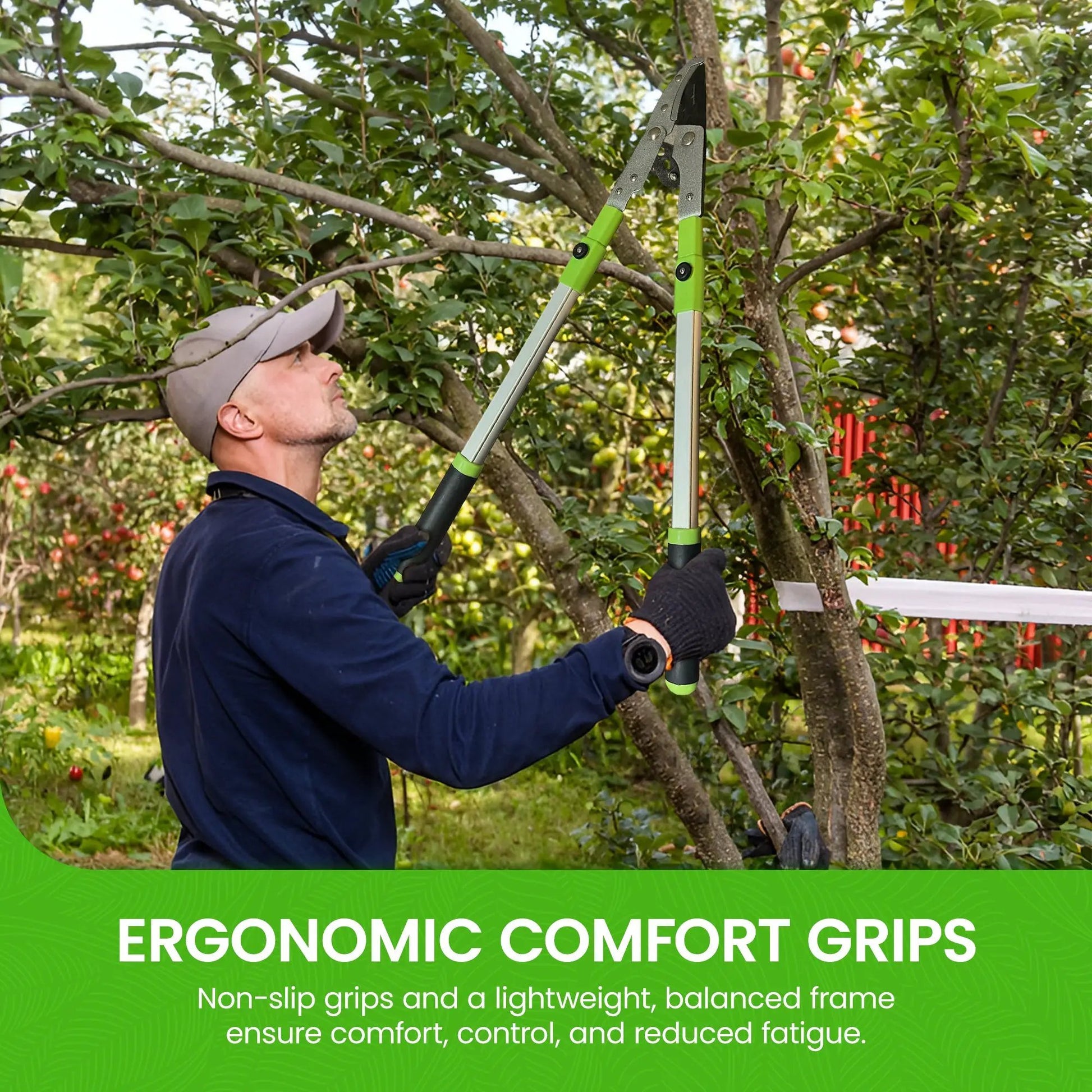 Garden Guru Extendable Anvil Loppers in use for tree trimming with green handles and blades on Tampa Home & Garden Store