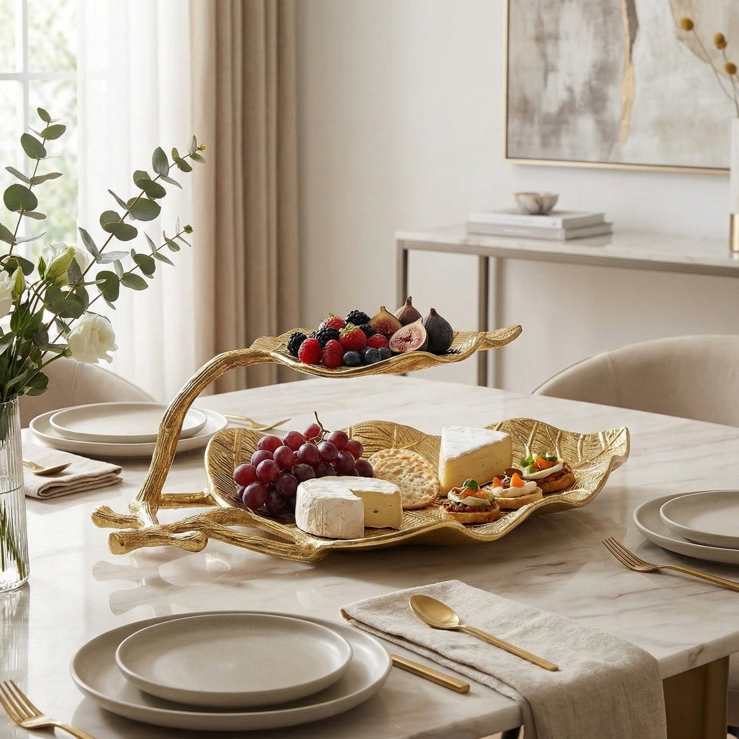 Gold Leaf Two Tier Serving and the Center Tray
