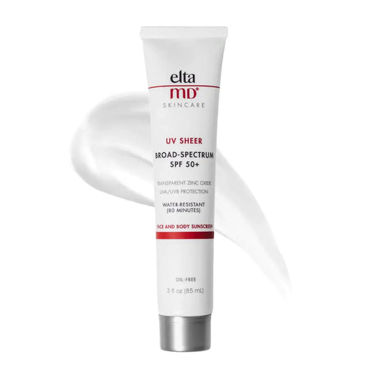 EltaMD UV Sheer Broad-Spectrum SPF 50+ sunscreen tube, white with silver cap on Tampa Home & Garden Store