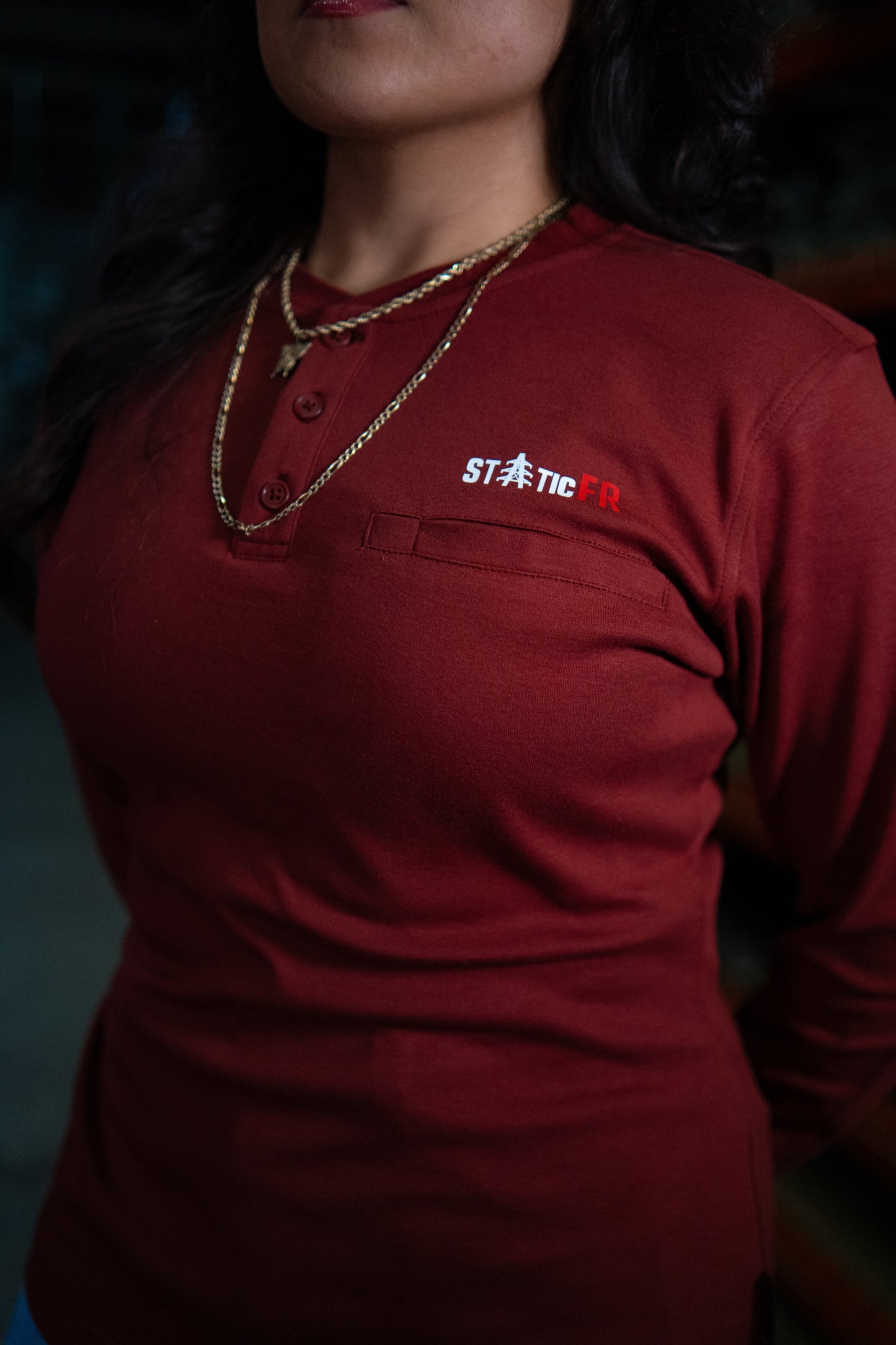 Women's FR 3-Button Henley in wine red with chest pocket and Static FR logo on chest on Tampa Home & Garden Store