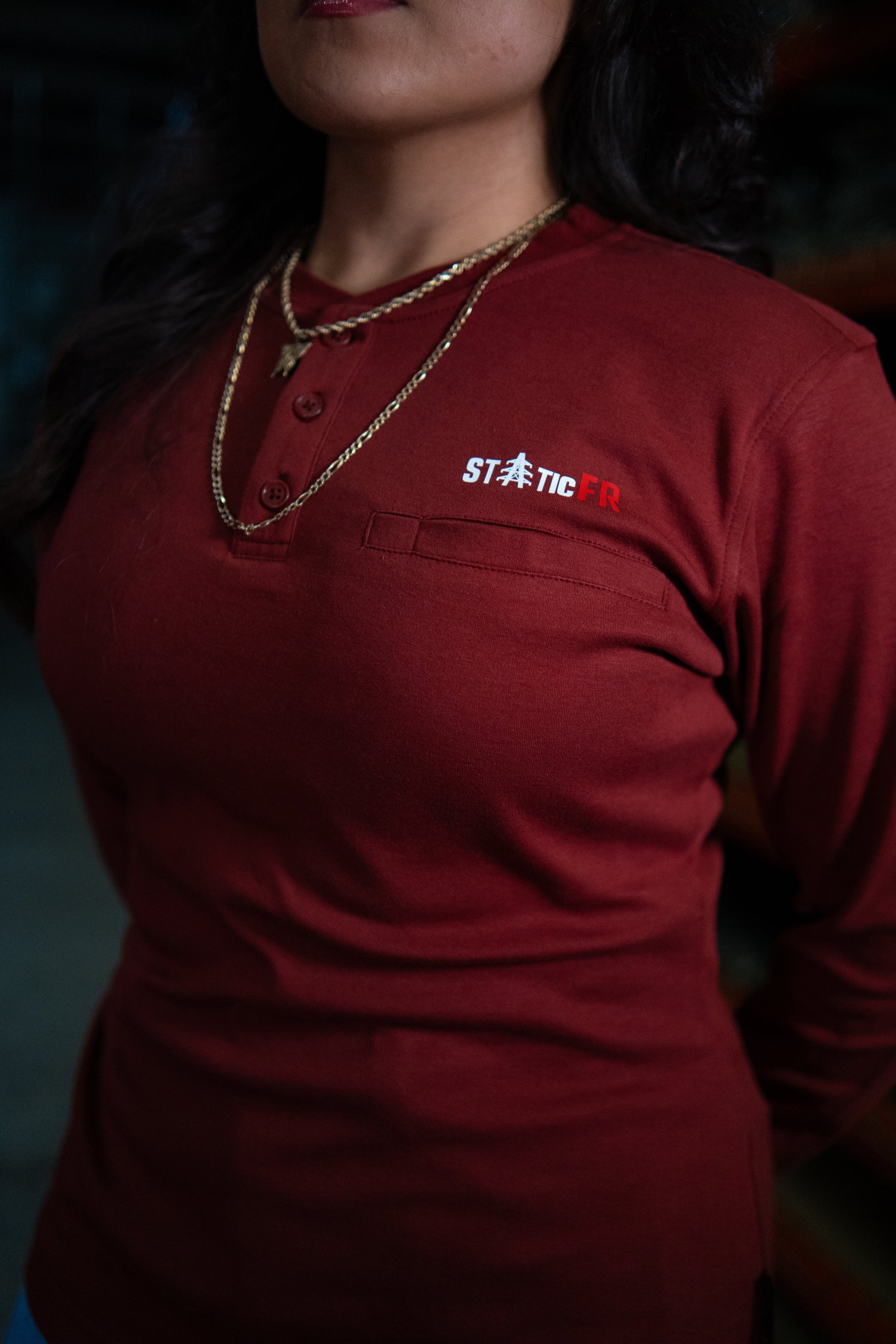 Women's FR 3-Button Henley in wine red with chest pocket and Static FR logo on chest on Tampa Home & Garden Store
